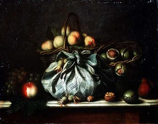 Korgar med frukt, valnötter och nötter i en ryggsäck, 1733